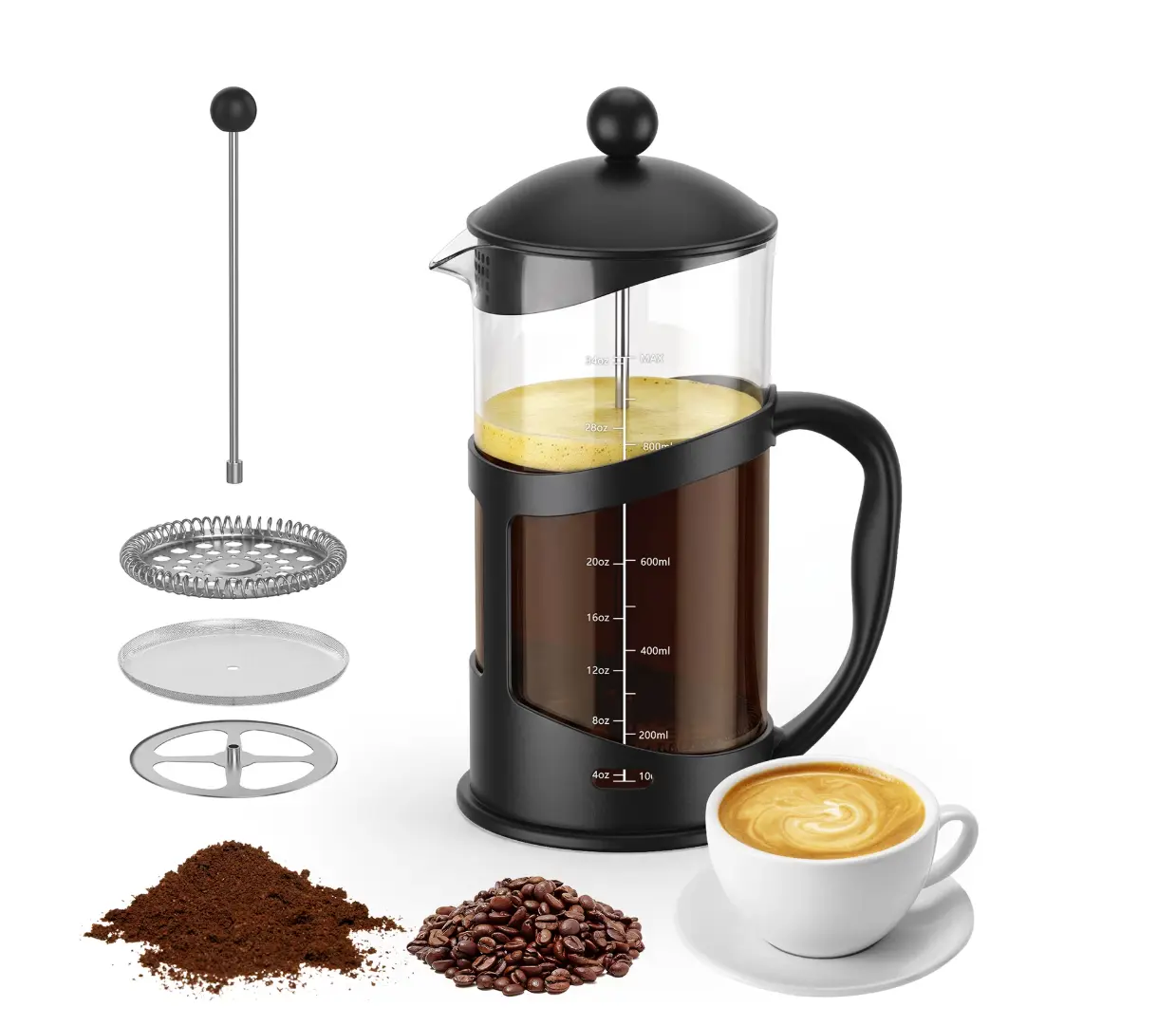 Coffee Maker 304 Stainless Steel Coffee Press with Filters System, Heat Resistant Thickness Borosilicate French Press Glass, BPA-Free Brewed Tea Pot Coffee Plunger (Black, 34oz)