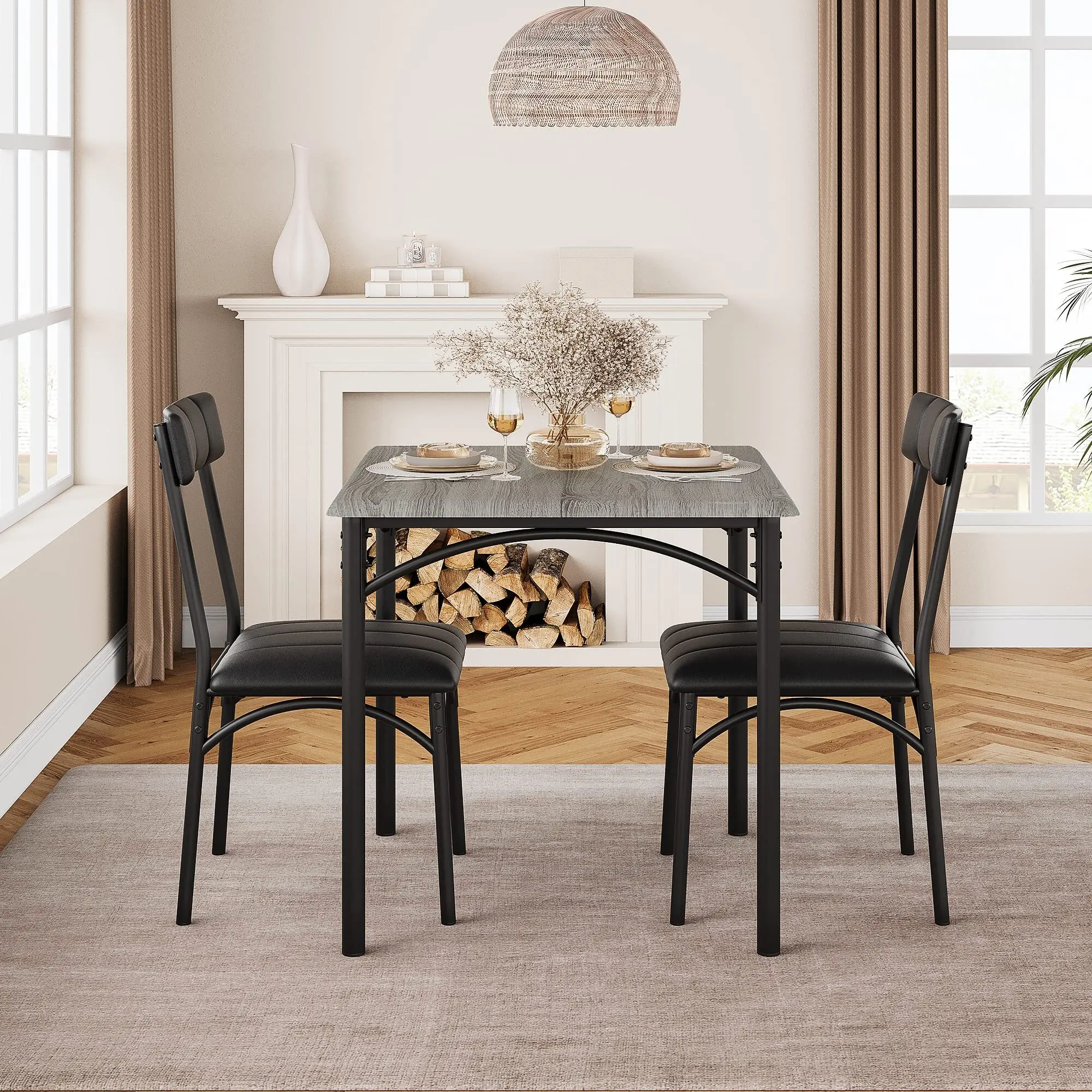 Dining Table Set for 2, Kitchen Table and Chairs for 2 with Upholstered Chairs, 3 Piece Dining Room Table Set, Square Kitchen Table Set for Small Space, Apartment, Studio, Rustic Gray