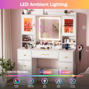 7 Drawers White Vanity Table with Power Outlet Lighting Mirror Hair Dryer Rack RGB Cabinets LED Lighted Makeup Desk Set for Bedroom Dressing Room  3-in-1 LED-Lighted