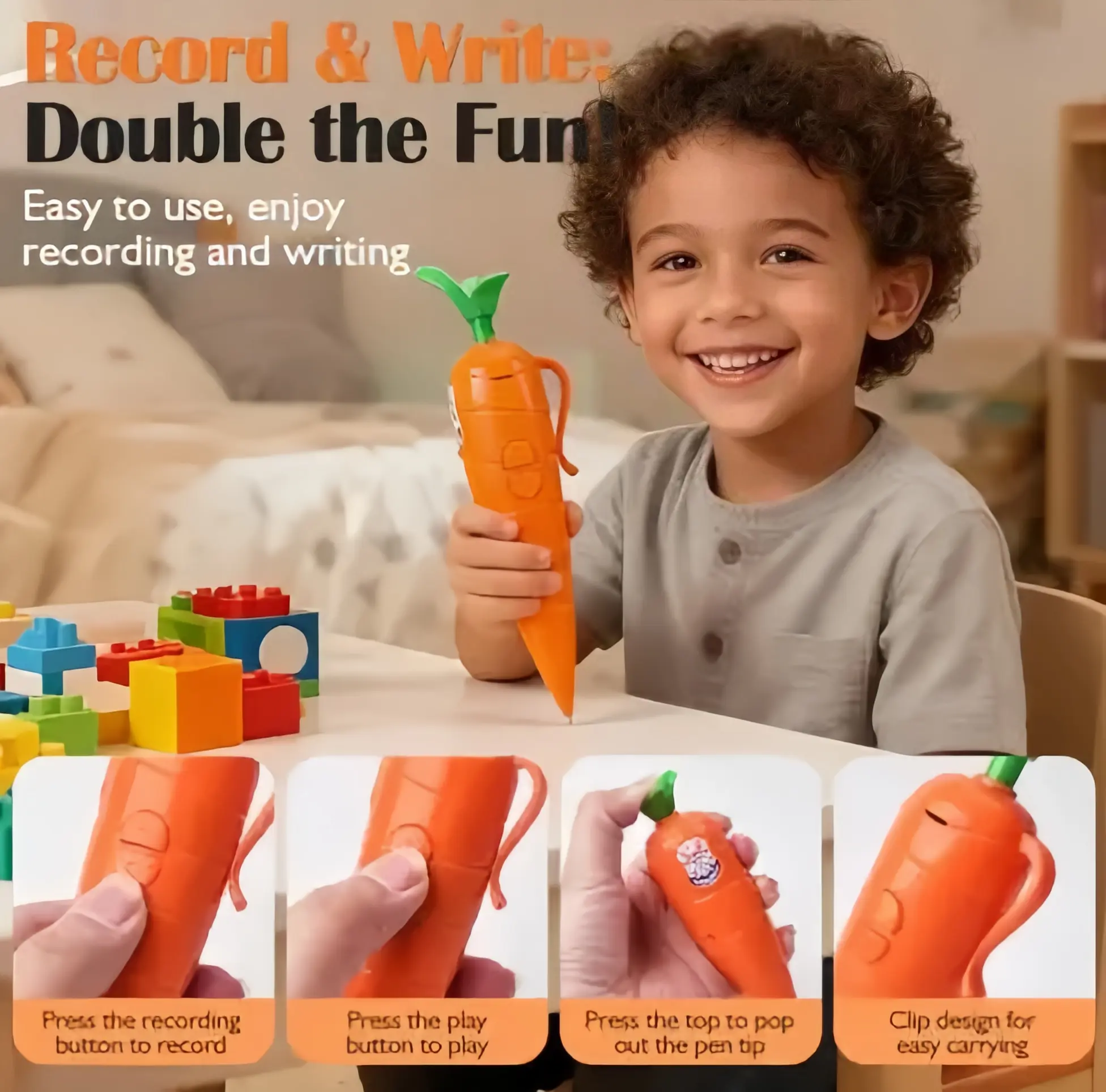 60-Second Voice Recorder with Playback & Audio Recorder Pen - Cute Carrot-Shaped Recorder Device, Smooth-Writing Ballpoint Pen - Fun & Creative Gift for Kids, Students, Teachers