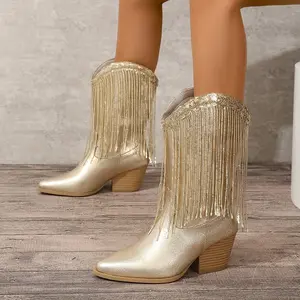 Ladies Tassel Decorative Middle Boots, Fashionable Pointed V-Shaped Chunky Heel Cowboy Boot, Simple Boots with Stacked Heel Style Women Girl Walking Shoes Footwear Silver Gray Gal Comfort Heeled