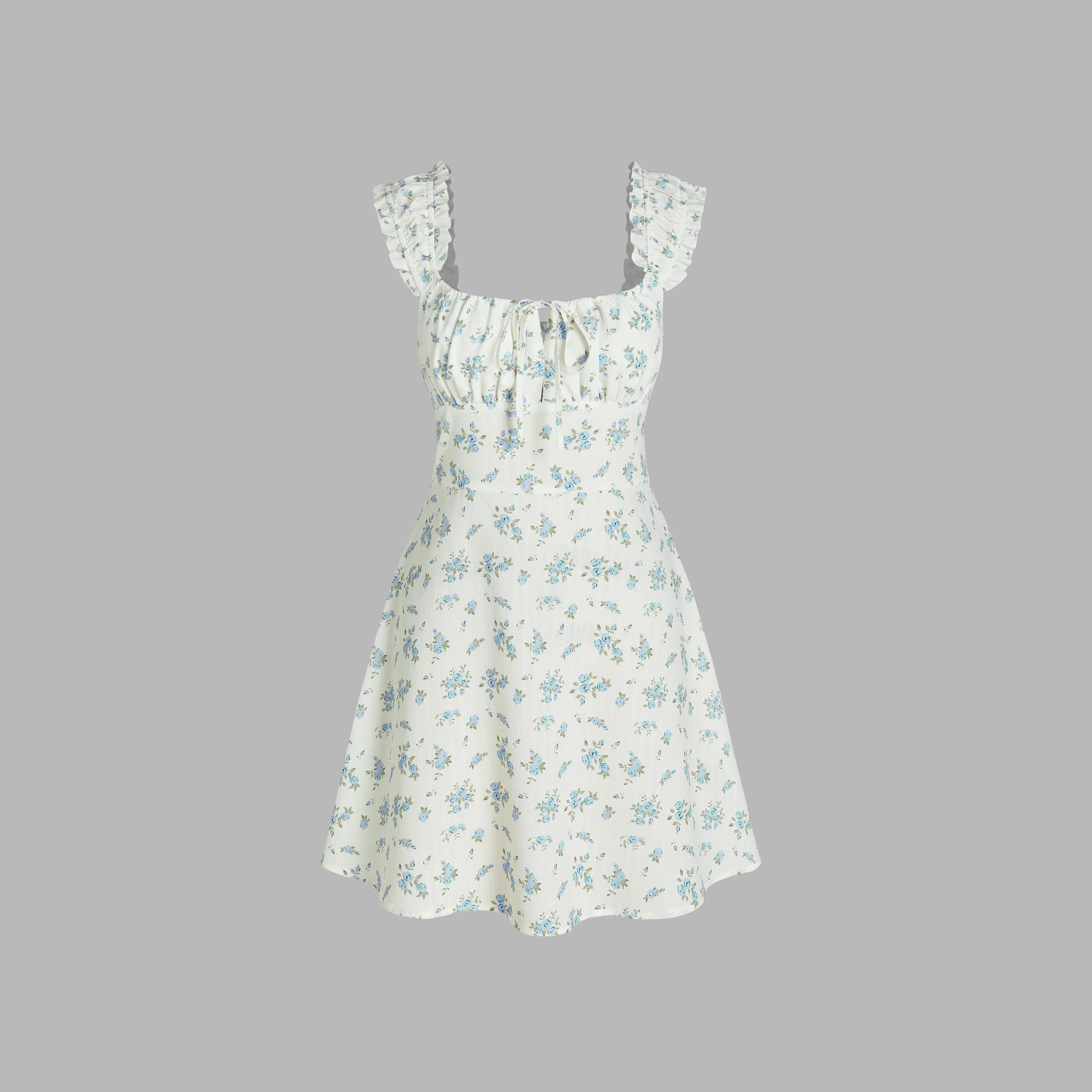 Cider Women's Casual Ditsy Floral Square Neck Drawstring Ruched Mini Dress (3 Colors, Size 0-26)