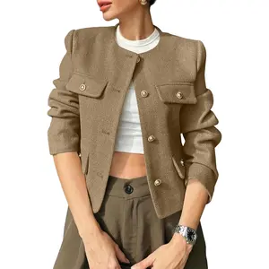 FMEYOA Womens Cropped Tweed Blazer Jackets Collarless Button Down Business Casual Outfits with Pockets