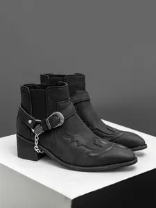 ONXITOM Men's Retro Western Ankle Boots with Embroidered Design Chunky Heel Square Toe Slip-Resistant Durable Black Chelsea Boots for Daily Wear