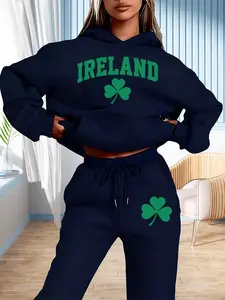 Ireland Clover Print Sweatshirt Set, Fall & Winter Casual Fitted Design, Loose Fit, Daily Wear Comfort