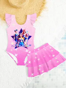 Girls' Two-Piece Bikini Set, Cartoon Print Swimwear, Summer Beach Vacation, Cute Ruffle Swimsuit