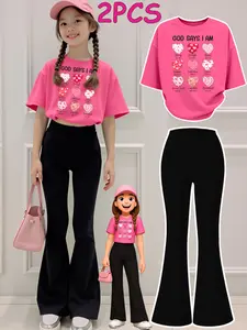 2PCS Valentine's Day Girls Clothes T-Shirt Bottom Pants Set  God Says I Am Hearts Print Girl Clothes Short-Sleeved Round Neck T-Shirt Bell Bottom Pants Set Perfect For Outdoor  Kids Clothes