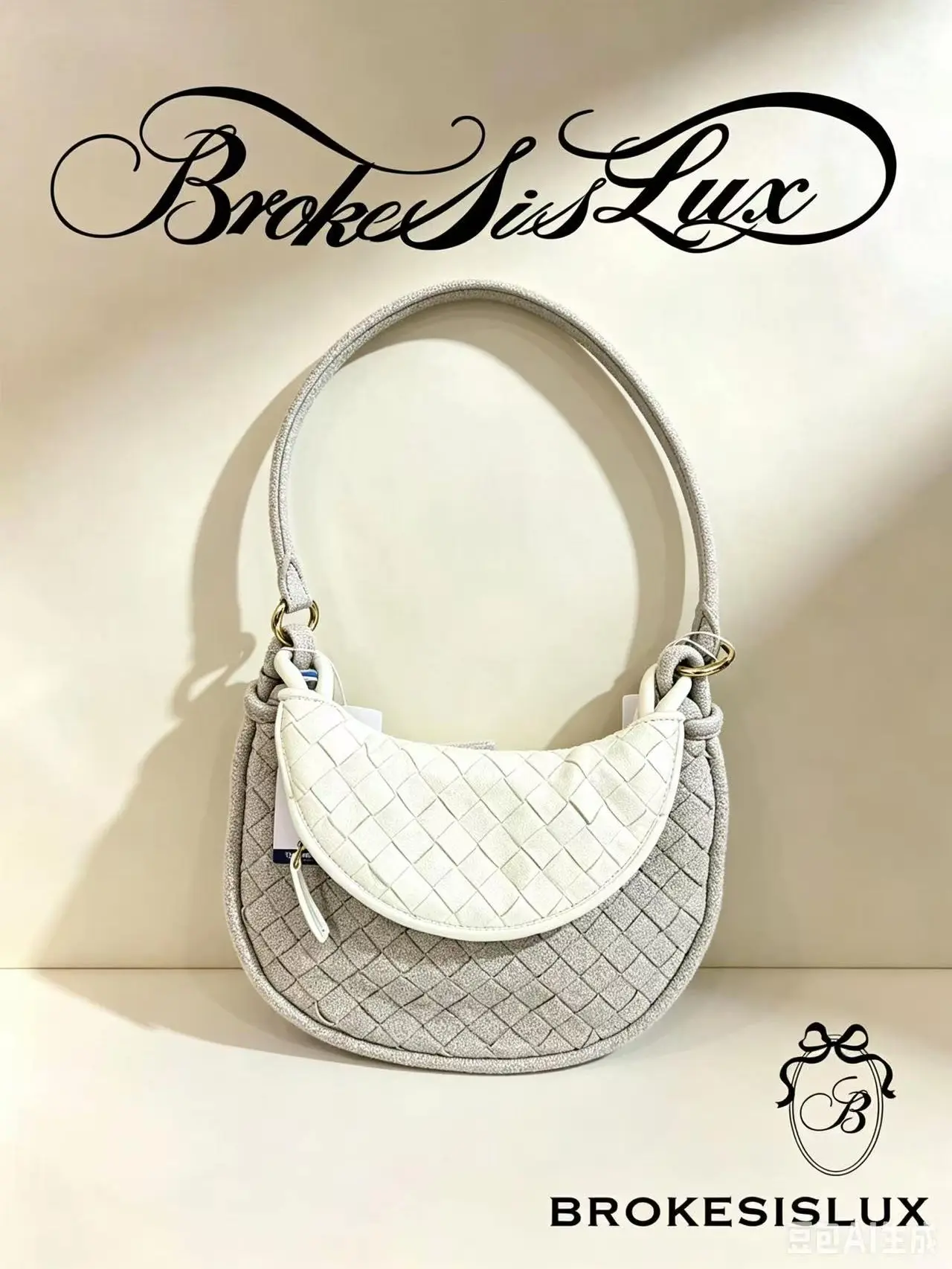 Pre-owned BOTTEGA VENETA Light Grey Two Tone Intrecciato Woven Crescent Hobo Shoulder Bag, Mainline Classic Collection