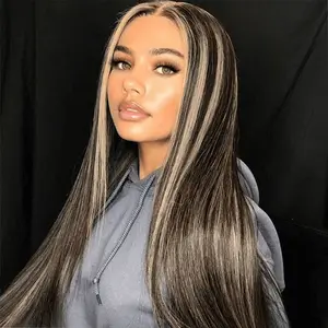 P1B/27 Blonde Highlight Straight Human Hair Wig HD Transparent 13X6 Lace Front Wig Black and Blonde Highlight Straight Wig Pre Plucked Baby Hair Human Hair Wig for Woman