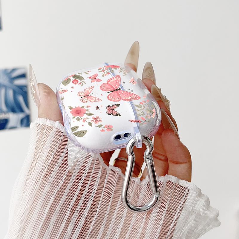 Butterfly Floral Dream Pattern TPU Soft Protective Case for Apple AirPods 4/3/2/1/Pro/Pro2 Transparent Earphone Cover with Keychain Attachment