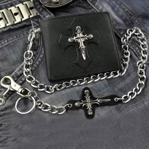 Skull Cross Mens Leather Bifold ID Card Money Wallet W/Jeans Chain