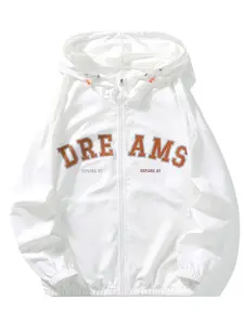 Men's Letter Print Drawstring Zip Up Hooded Jacket, Regular Fit Casual Lightweight Comfortable Breathable Quick Drying Long Sleeve Pocket Jacket for Outdoor, Men's Summer Clothes