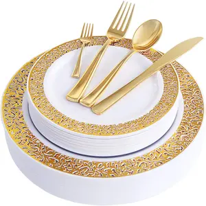 WDF 150PCS Gold Plastic Plates with Disposable Plastic Silverware, Thanksgiving Plastic Tableware Sets Include 25 Dinner Plates,25 Salad Plates,25 Forks, 25 Knives, 25 Spoons/Bonus 25 Mini Forks WDF