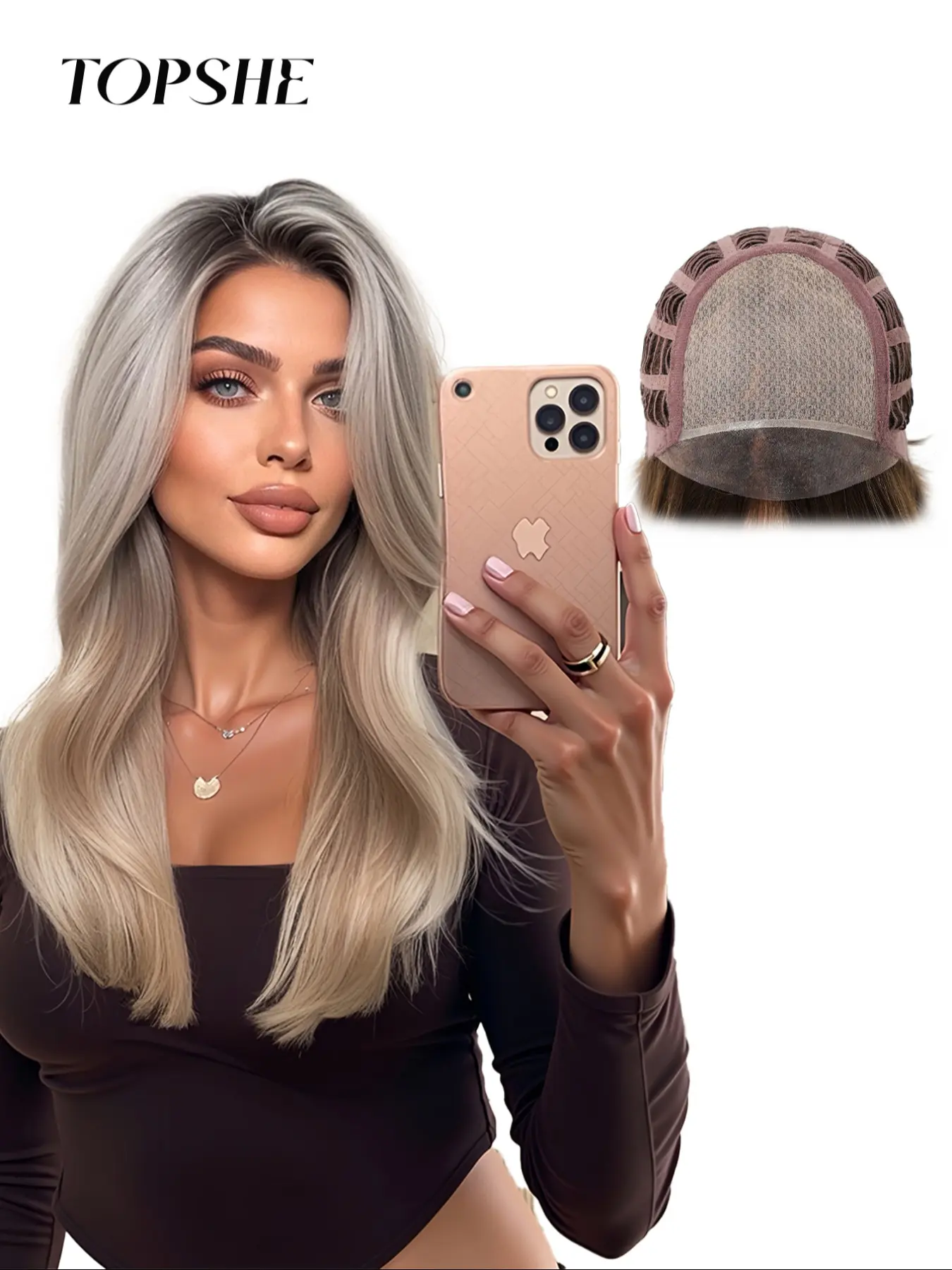 Topshe Mono Part Lace Front Wig, Highlights, Straight Hair, Heat Resistant Fiber, Synthetic Wig, Natural Look, Natural Looking Wig, 20 Inch Long, Women's Wigs