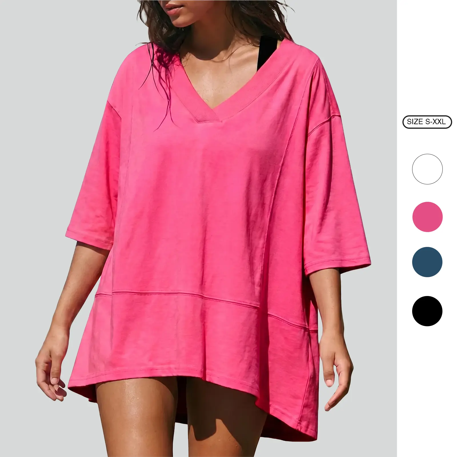 Imily Bela Women's Oversize Summer Daily Wear Casual V-Neck Elbow Sleeve T-Shirt Soft Loose Fit Basic Blouse Top