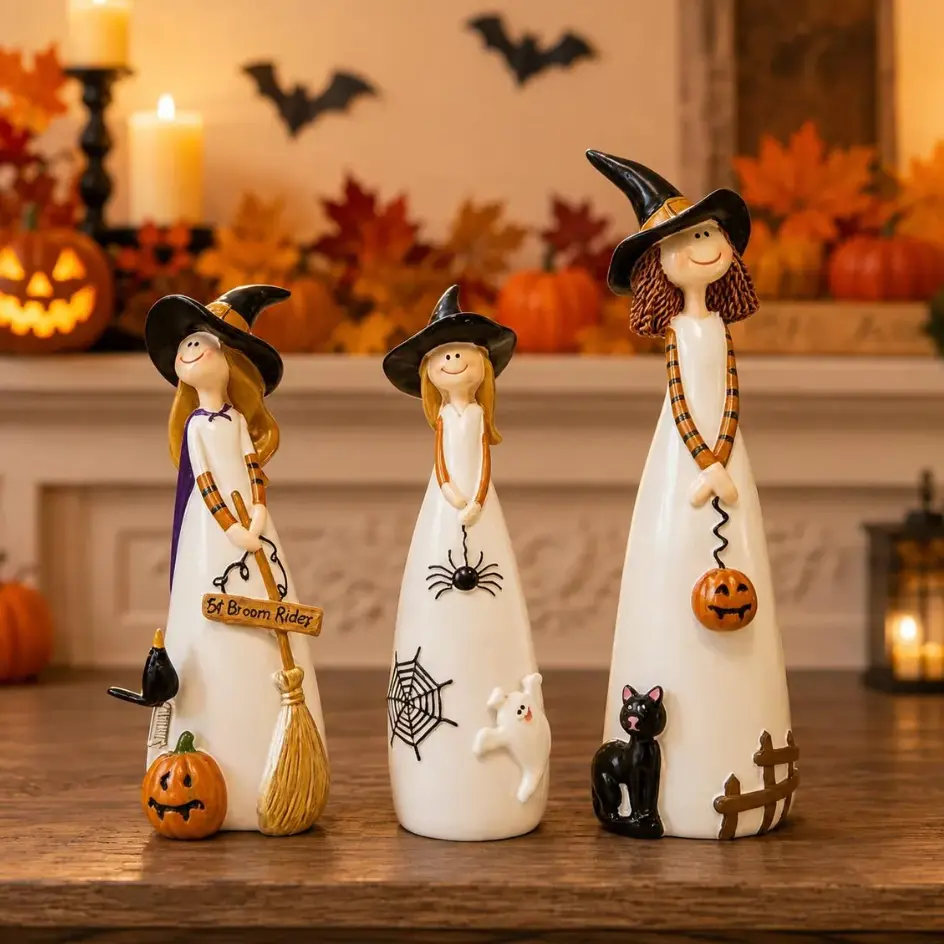 Halloween Witch Figurines, Cute Resin Spooky Witches Statue with Pumpkin Spider and Black Cat, Tabletop Shelf Decor for Home Indoor Living Room Bedroom, Halloween Party Supplies, Autumn Festival Holiday Gift for Family and Friends