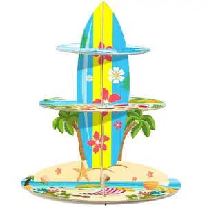 3-Tier Cupcake Stand for Beach Party Decorations - Multi-Colored Tropical Luau Pool Party Supplies, Hawaiian Themed Birthday Cake Stand for Baby Shower Wedding Decorations