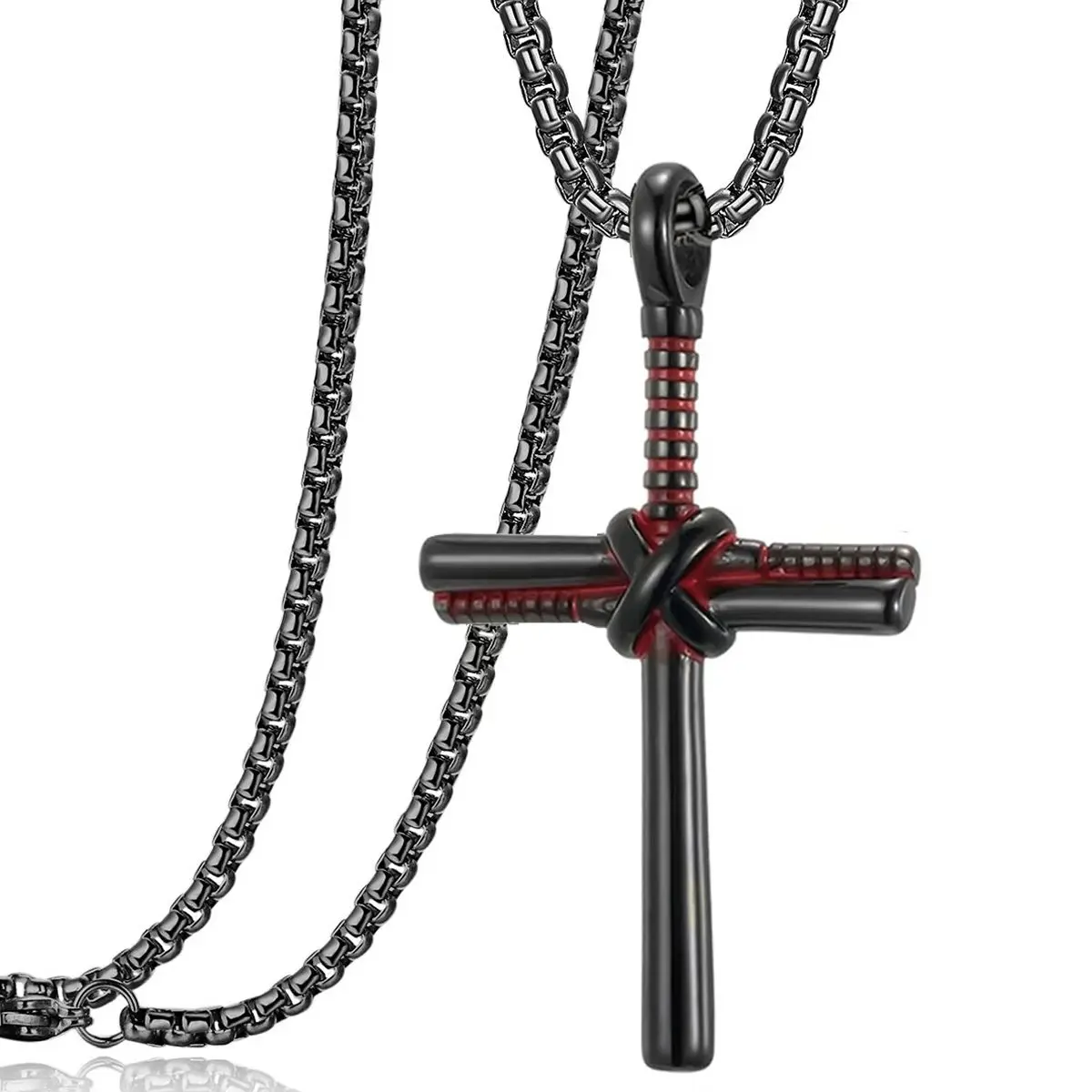 Men’s Baseball Bat Cross Pendant Chain Jewelry, Stainless Steel 22"+2" Chain, Black/Gold/Silver Options, Ideal for Father’s Day, Christening