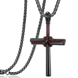 Baseball Bat Cross Pendant Necklace for Men Women with 22"+2" Stainless Steel Chain Black Gold Silver