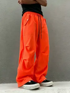 Men's Bright Orange Baggy Cargo Pants with Elastic Waistband & Drawstring Loose Fit Streetwear Trousers Ruched Knees Breathable Fabric Spring Summer Casual