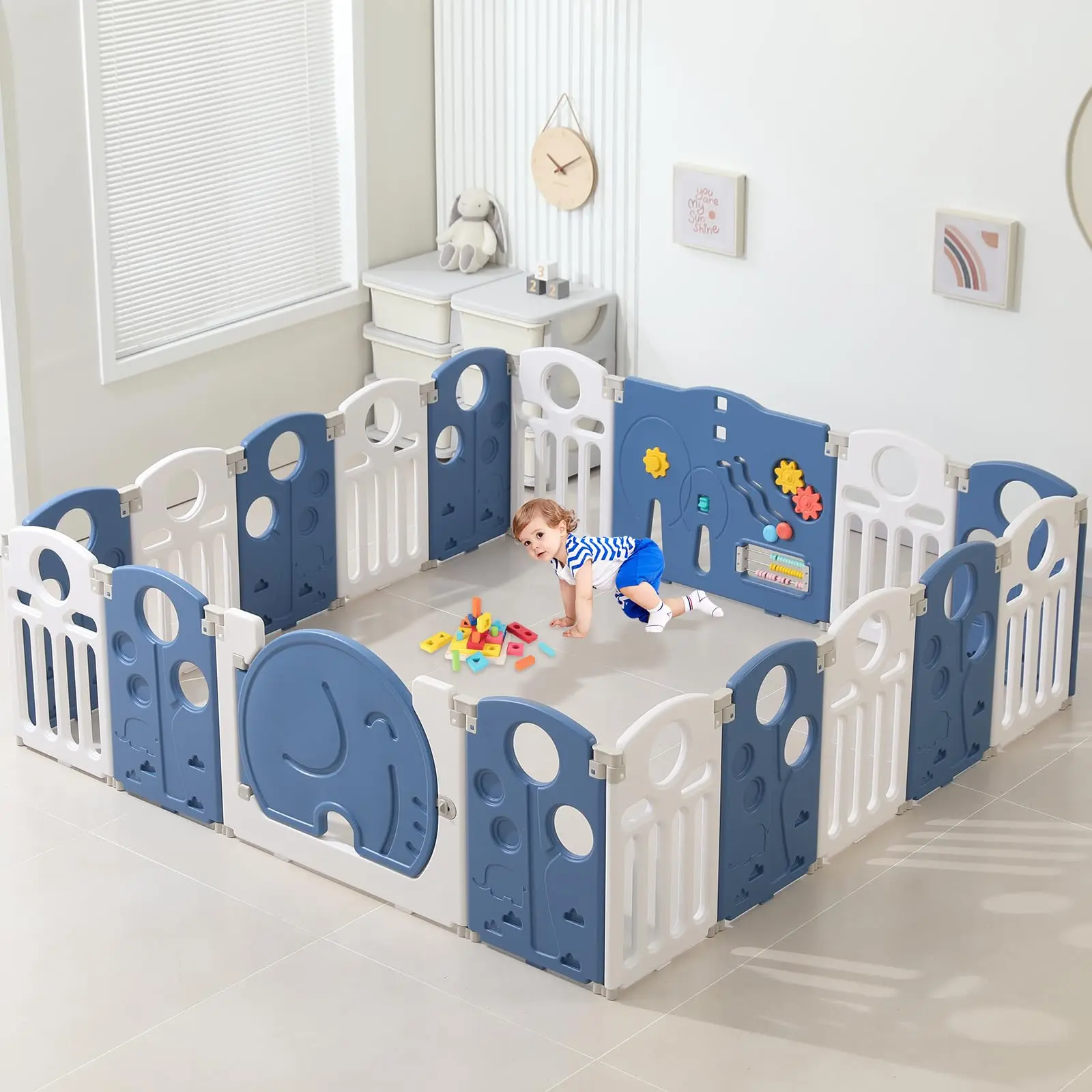 Safe Play Baby Playpen for Kids & Toddlers - Blue 18 Panels Portable Sturdy Plastic Activity Centre with Interactive Toys for Indoor Outdoor Use - Infant