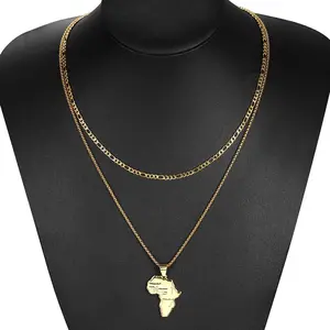 Hermah Double Chains Africa Map Pendant for Men & Women - Stainless Steel Box Link Pendant Necklace Jewelry Gift