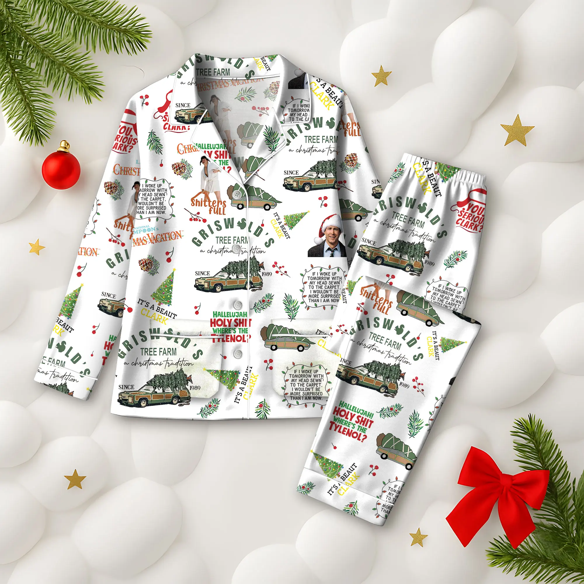 Women's Griswold 2-Piece Satin Pajama Set - Polyester Fabric Loungewear with Tree Farm Print, National Lampoon’s Christmas Vacation Sleepwear, Matching Family PJS, Funny Holiday Gift