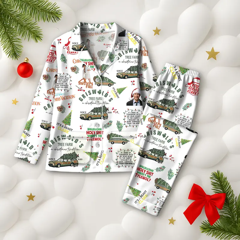 Women's Soft 2-Piece Griswold Satin Pajama Set - Polyester Fabric, Drawstring Fit, Tree Farm Print Loungewear, National Lampoon’s Christmas Vacation Sleepwear, Matching Family PJS, Holiday Gift
