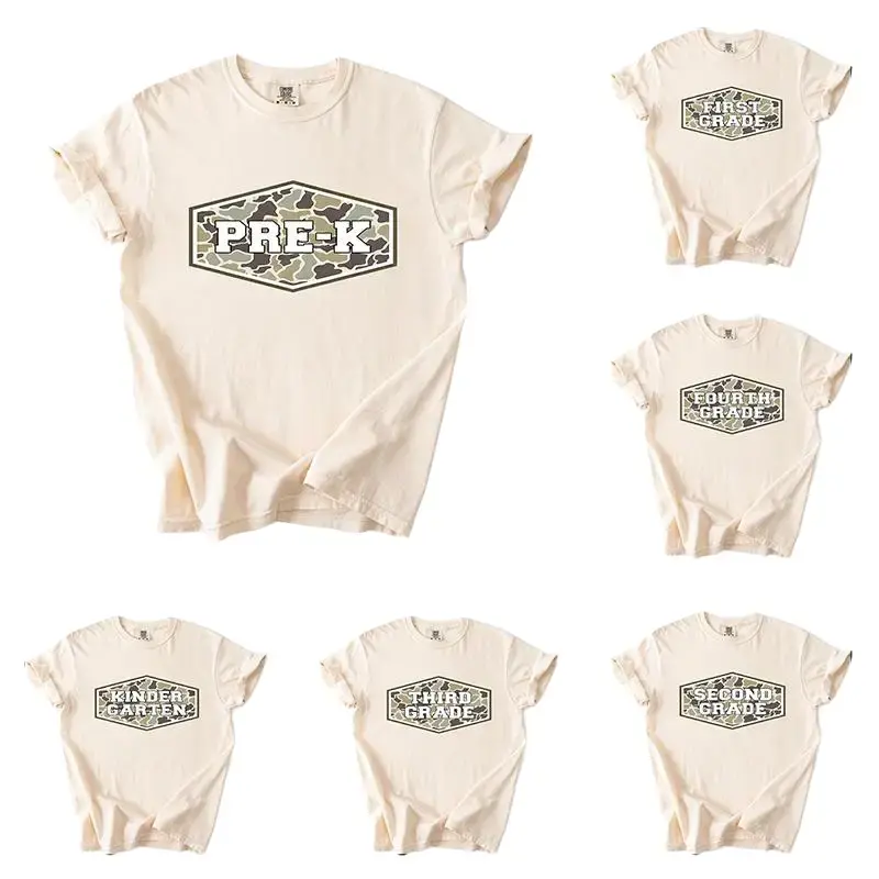 Custom Camo T-Shirt, Kindergarten School Shirt, First Grade Shirt, Pre-K Shirt, Camo Kids School Shirt, Camo School Shirt