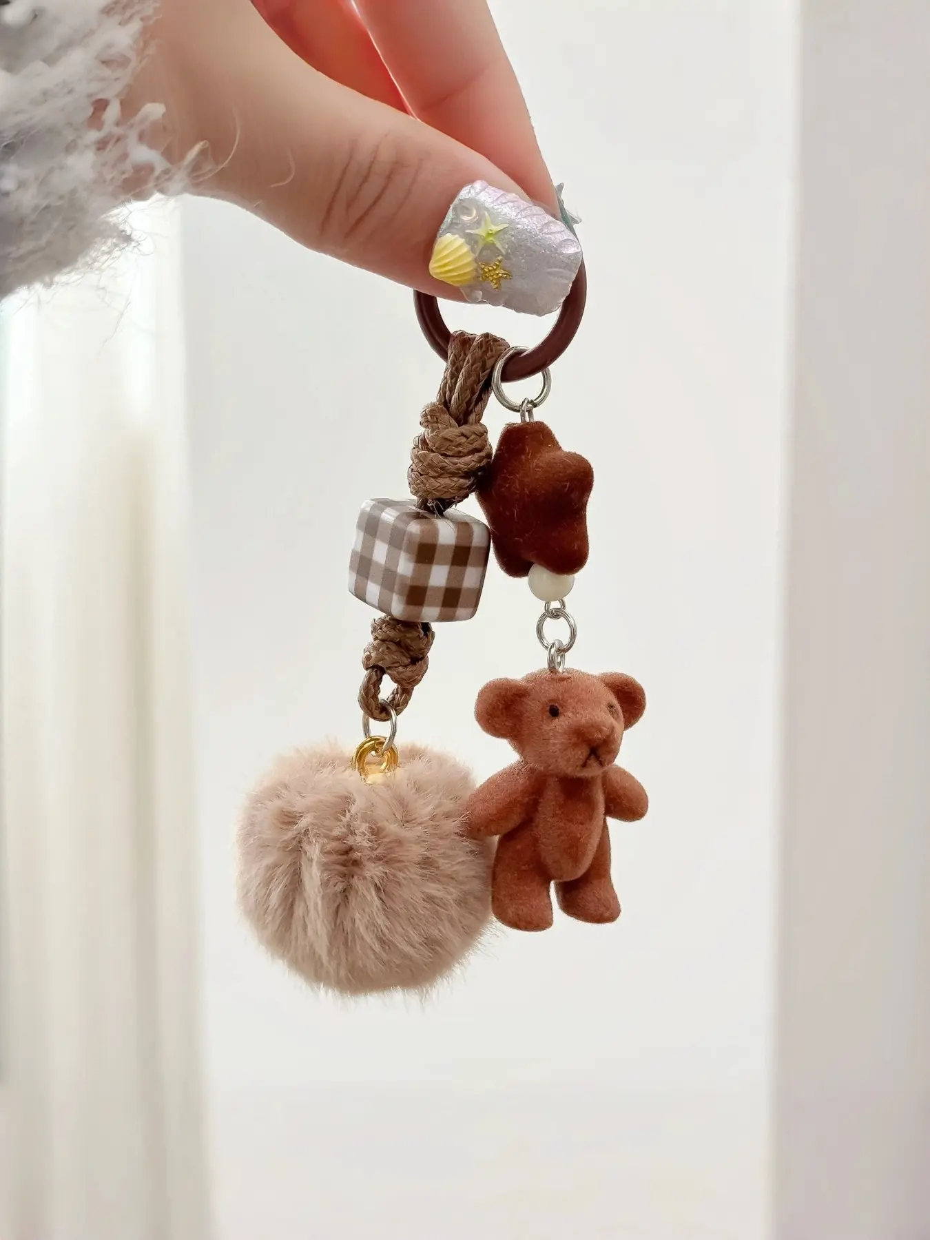 Brown Teddy Bear Bag Charm with Fluffy Pom Pom，Soft Girl Velvet Touch Cozy Cute Keychain&Phonecharm，Handbag Accessory,Winter Gift Idea, Keychain Attachment, Fuzzy Keychain, Cute Charms Keychain, Soft Pompom Keychain, Keychains Cute