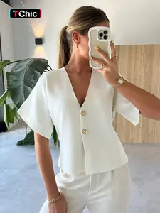 Pure Color Casual Simple Minimalist V-Neck Button Short Sleeve Knit Cardigan Top, Fitted Style, Plain Pattern, Women's Fashion