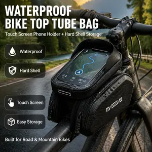 Waterproof Bike Top Tube Bag, Hard Shell Bicycle Front Frame Bag with Touch Screen Phone Holder, Cycling Storage Bag for Mountain & Road Bikes