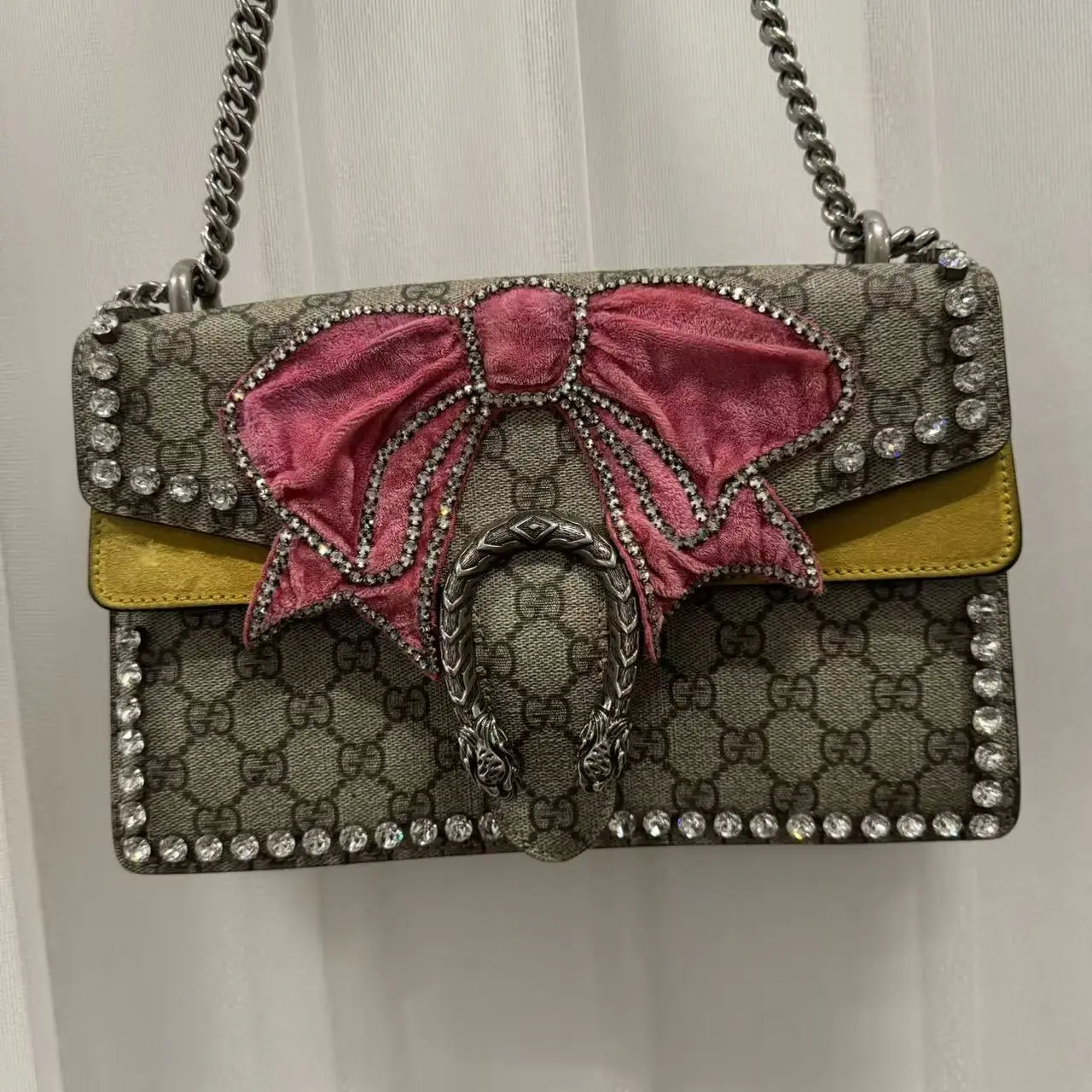 Pre-owned GUCCI Dionysus GG Supreme Monogram Crystal Shoulder Bag