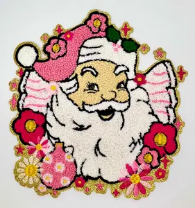 Floral Retro Santa Christmas Chenille Shimmer Embroidered Iron-On Patch