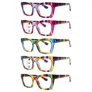 5-Pac Fashionable Progressive Multifocal Blue Light Blocking Reading Glasses for women. Classic striped frames paired with premium blue light blocking lenses, featuring three levels of vision adjustment.  suitable for Daily activities and computer work.