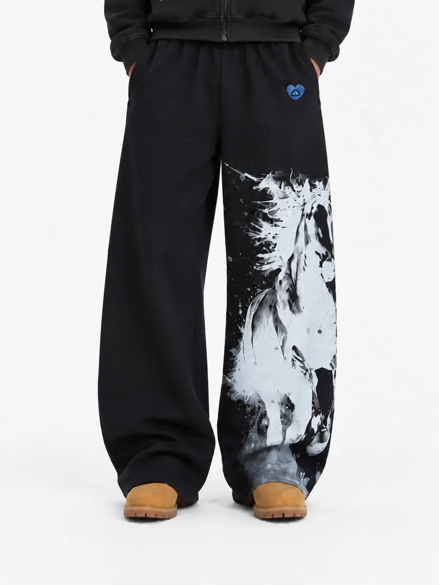 Aelfric Eden Ink Wash Horse Graphic Baggy Barrel Sweatpants High Waist Drawstring Elastic Waist Mini Oversized Barrel Wide Leg Soft Fabric Edgy Streetwear Unisex Bottoms