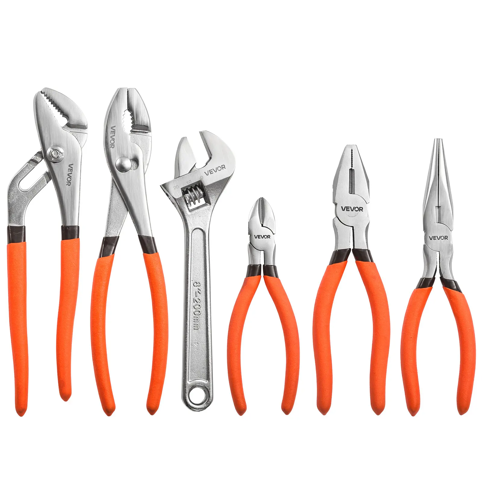 VEVOR Pliers and Wrench Set 6-Piece Utility Set Polished Carbon Steel Jaw, Hand Tools for DIY & Home Use, 10" Groove Joint, 10" Slip Joint, 8" Long Nose, 8" Combination, 6" Diagonal Pliers, 8" Wrench