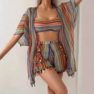 Women's 4 Pieces Bikini Set Swimsuit Tropical Beach Bikini Shorts Cover up Swimwear Bating Suit Hight Wasted Boho Tie-Front Bust Design