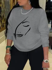Women's Face Print Crew Neck Sweatshirt, Casual Long Sleeve Round Neck Pullover, Ladies' Fall & Winter Clothes for Daily Wear, Casual Pullover Tops