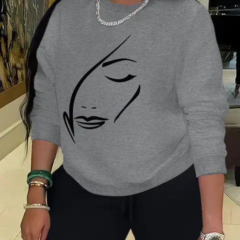 Women's Face Print Crew Neck Sweatshirt, Casual Long Sleeve Round Neck Pullover, Ladies' Fall & Winter Clothes for Daily Wear, Casual Pullover Tops