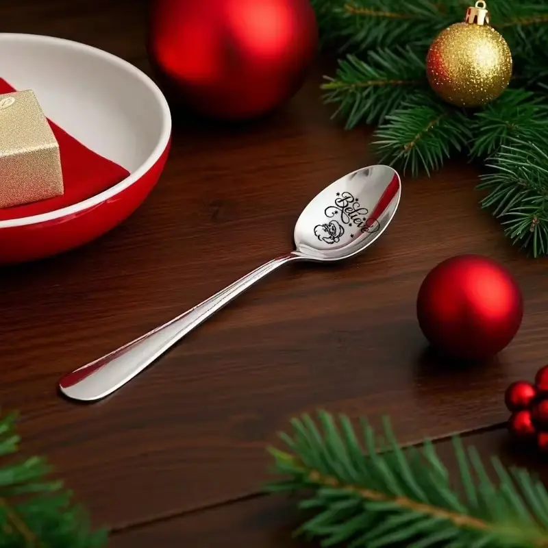 Santa Carved Stainless Steel Spoon, Perfect for Ice Cream, Cereal, Coffee, Ideal Christmas Gift with Holiday Background Decorations