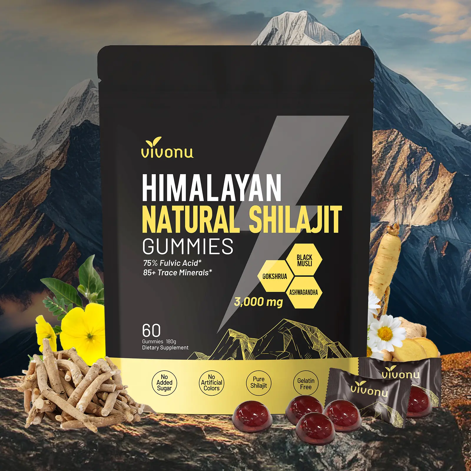 Himalayan Shilajit Energy Gummies with Ashwagandha & Gokshura | Stress Relief & Vitality Support | 60 Sugar-Free Vegan Supplements