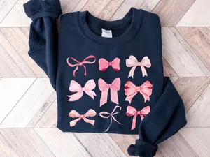 Pink Bow Sweatshirt, Valentines Gift, Trendy Ribbon Crewneck, Valentine's day sweatshirt, Womens Ribbon Tee, Coquette Cotton Womenswear, Cute Ribbon Shirt Hoodie Solid Sweaters