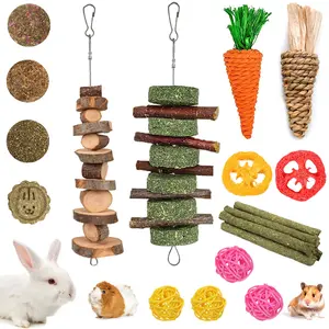Natural Apple Wood Chew Toys for Rabbits - 20 PCS Small Animal Dental Health Toys with Timothy Grass for Guinea Pigs, Hamsters & Chinchillas