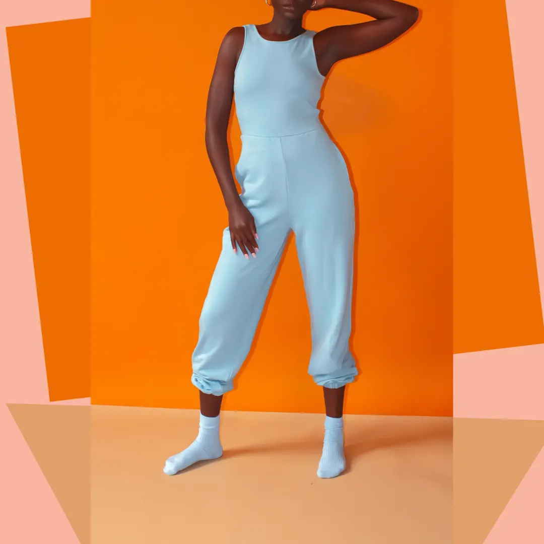 Solid Blue Cotton Joggger Jumpsuit with Pockets and Low Cut Back