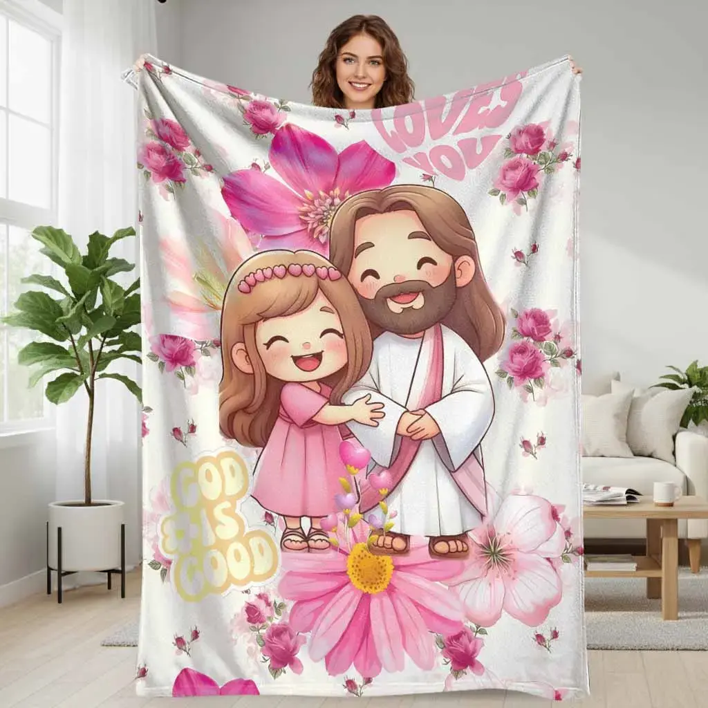 Cartoon Faith & Love Flannel Blanket, Floral Pink Heart Print with Cute Hugging Girl Design, Ultra Soft Lightweight Cozy Style Love Character Throw, Perfect for Bedroom Decor, Church Gifts, Love Character Throws