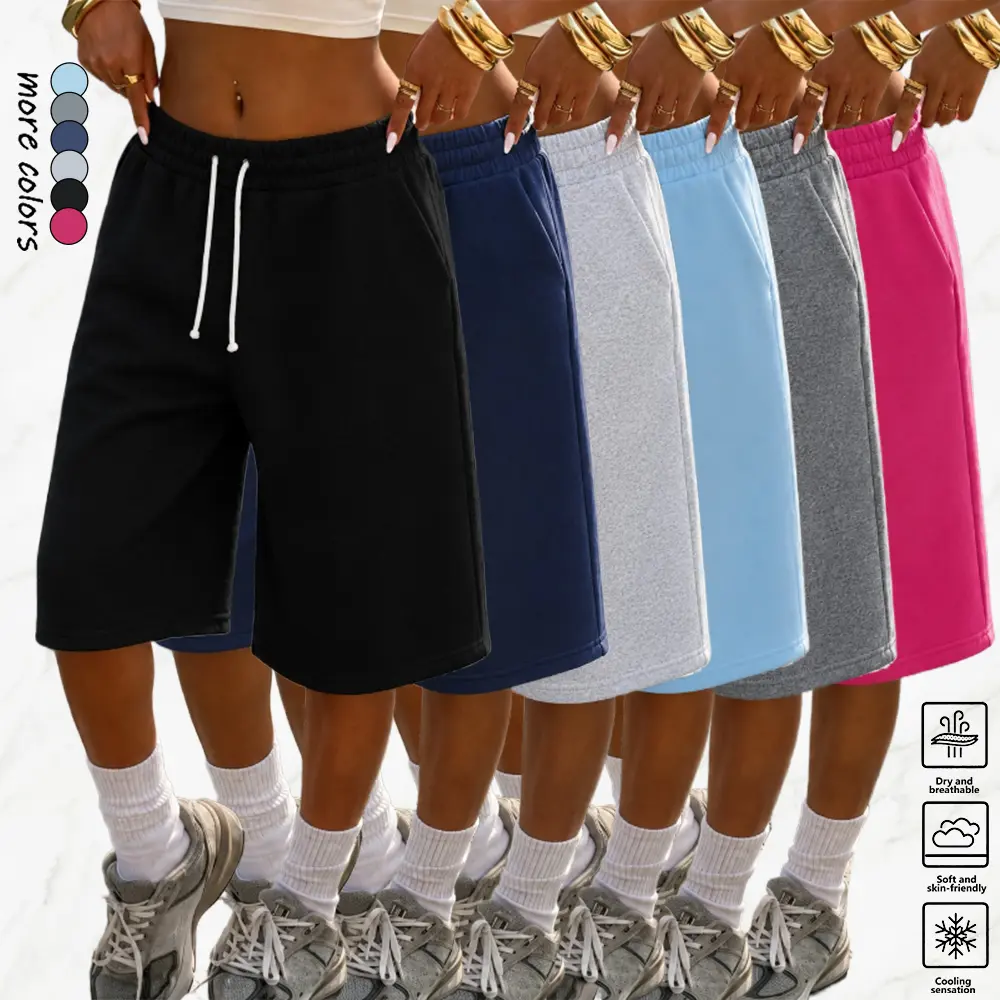 Women's Basic Comfortable Solid 3-Quarter Below-Knee Polyester Knit Shorts - Lightweight, Breathable Activewear Bottoms with Angled Pockets, Adjustable Elastic Waistband with Drawstring, Fit for Work Commute, Travel (Athletic Sports Clothes)