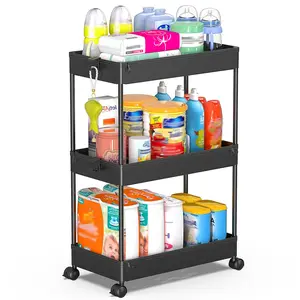 Storage Rolling Cart, 3 Tier Laundry Room Organization Utility Cart Bathroom Organizer Mobile Shelving Unit Shelves Multi-Functional Trolley, Black