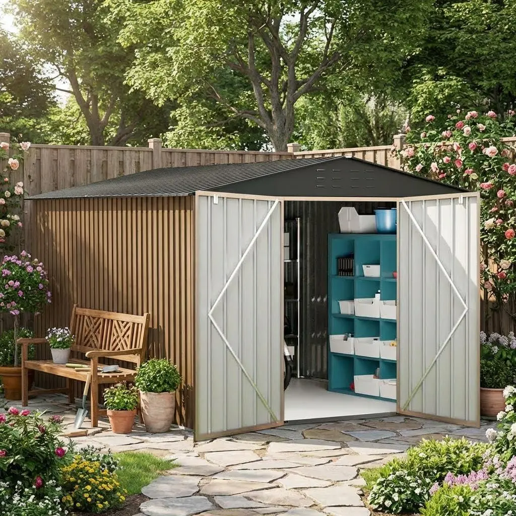 Outdoor Metal Storage Shed, 10x12 Ft Galvanized Steel Garden Sheds with Lockable Doors, Extra Large Utility Tool Shed for Patio Lawn Backyard Outside Use, Brown