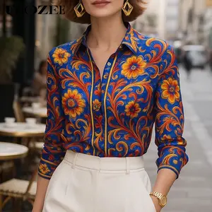 UOOZEE Women's Elegant Polyester Collared Bohemian Blouses - Breathable Retro Floral Printed Long-Sleeve Button Shirts, Foldable Loose Comfortable Tops for Office Commuters & Outfits